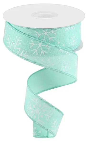 1.5" Snowflakes on Linen Ribbon: Mint - 10yds