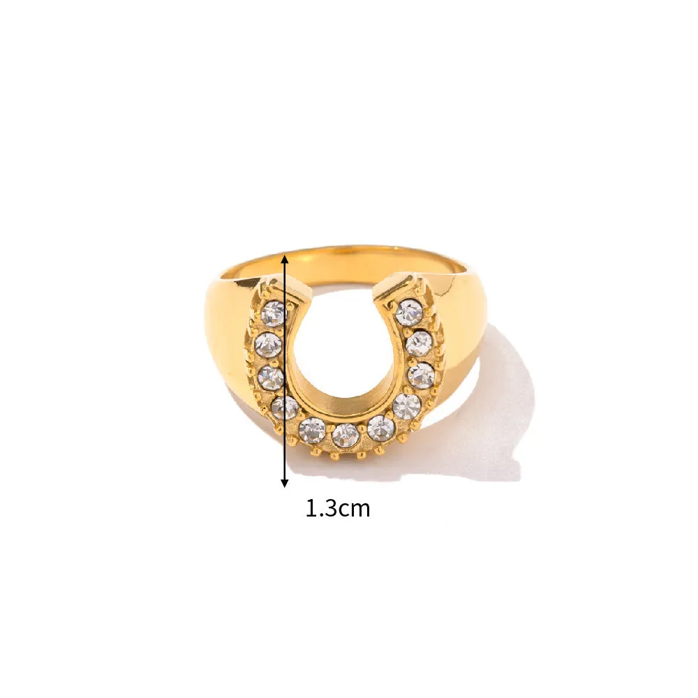 18K Gold Exquisite Fashion Inlaid Zircon Horseshoe Design Versatile Ring