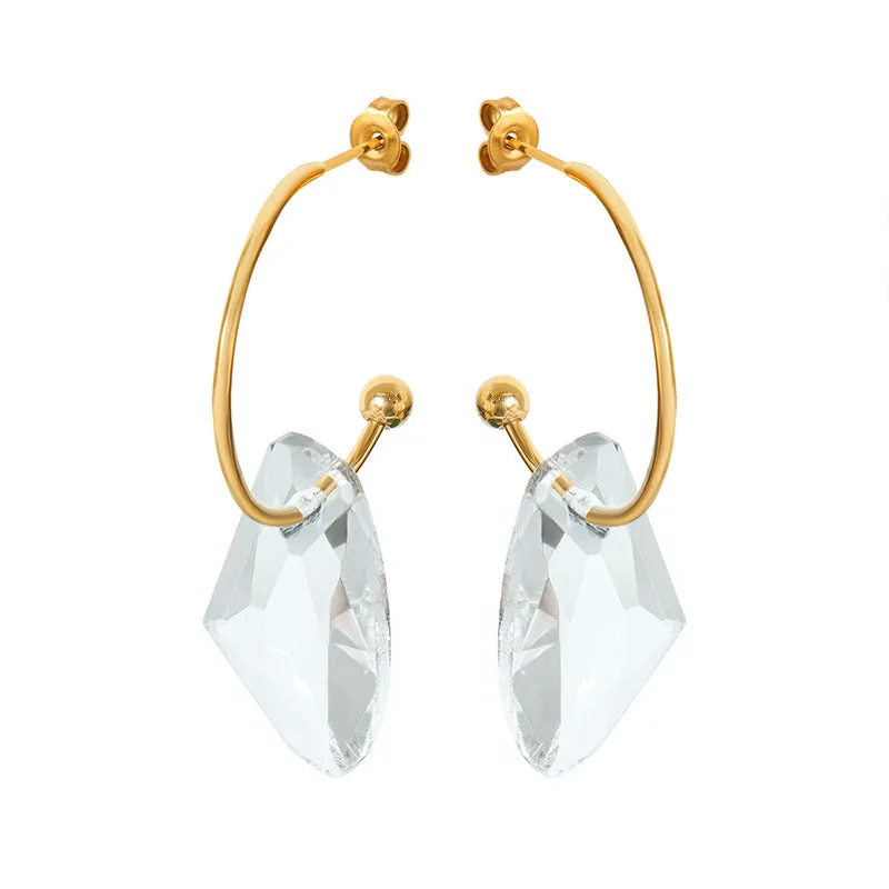 18k Gold Exquisite Simple C-shaped Earrings with Gem Design Versatile