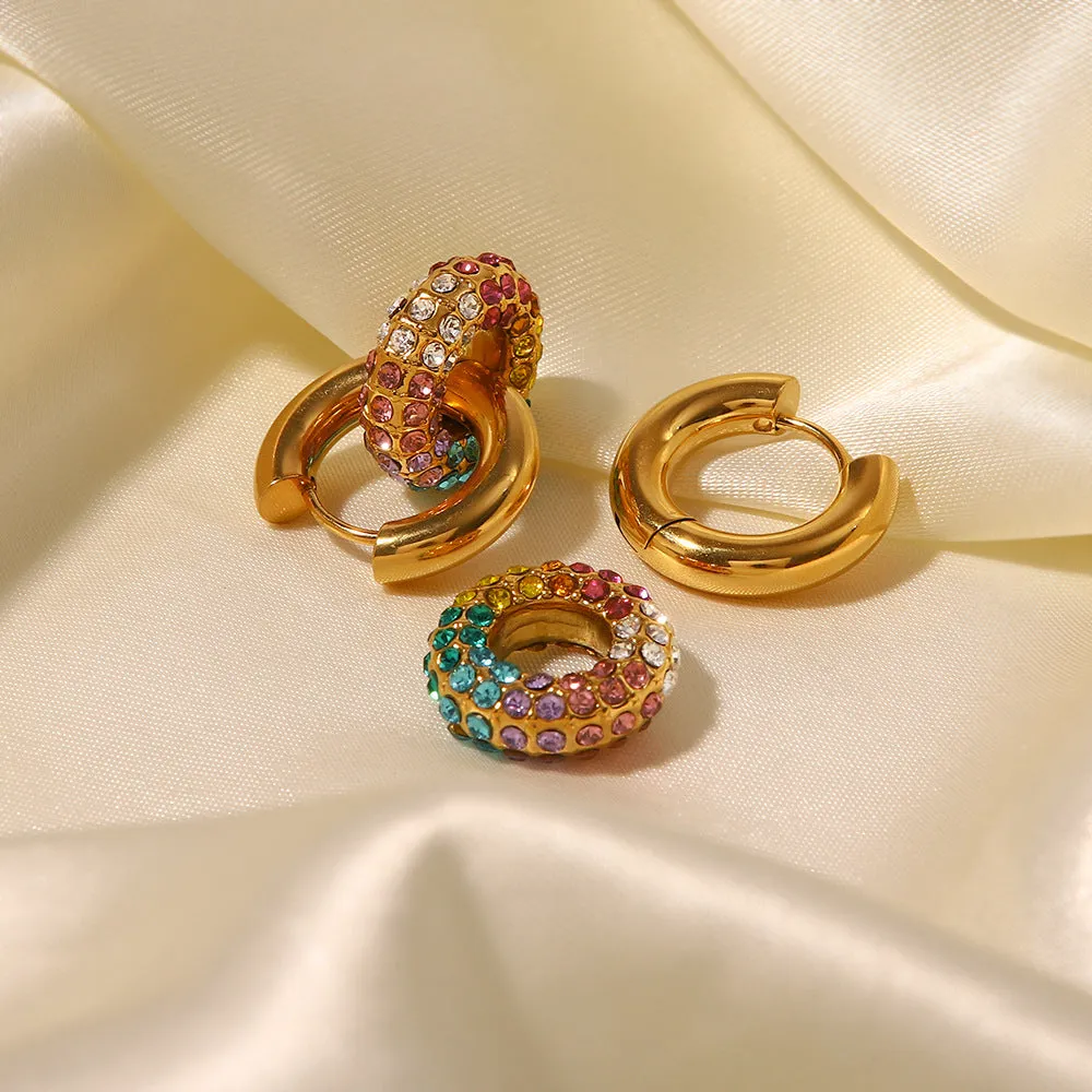 18k Gold Fashion Exquisite Colorful Diamond Donut Design Versatile Earrings "