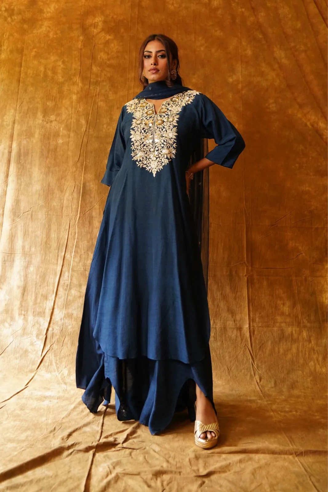 2 Layer Kurti in Navy Blue with Dupatta