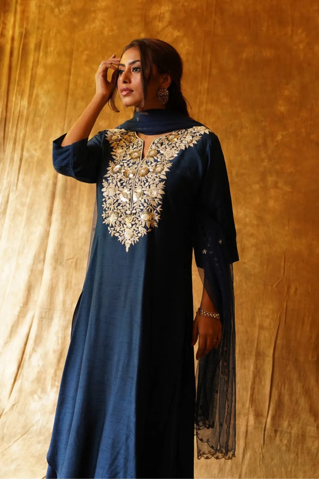 2 Layer Kurti in Navy Blue with Dupatta