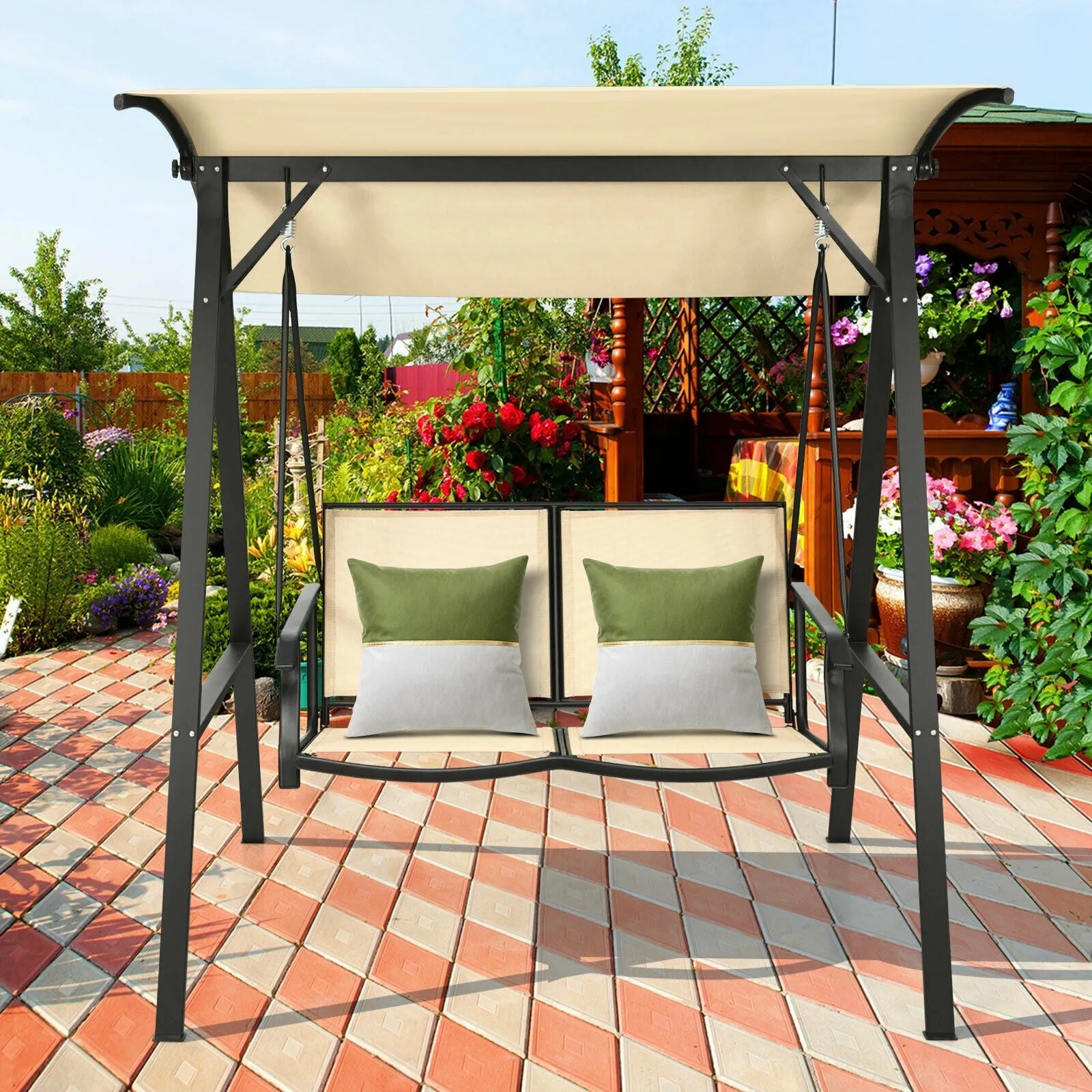 2 Person Patio Swing with Weather Resistant Glider and Adjustable Canopy