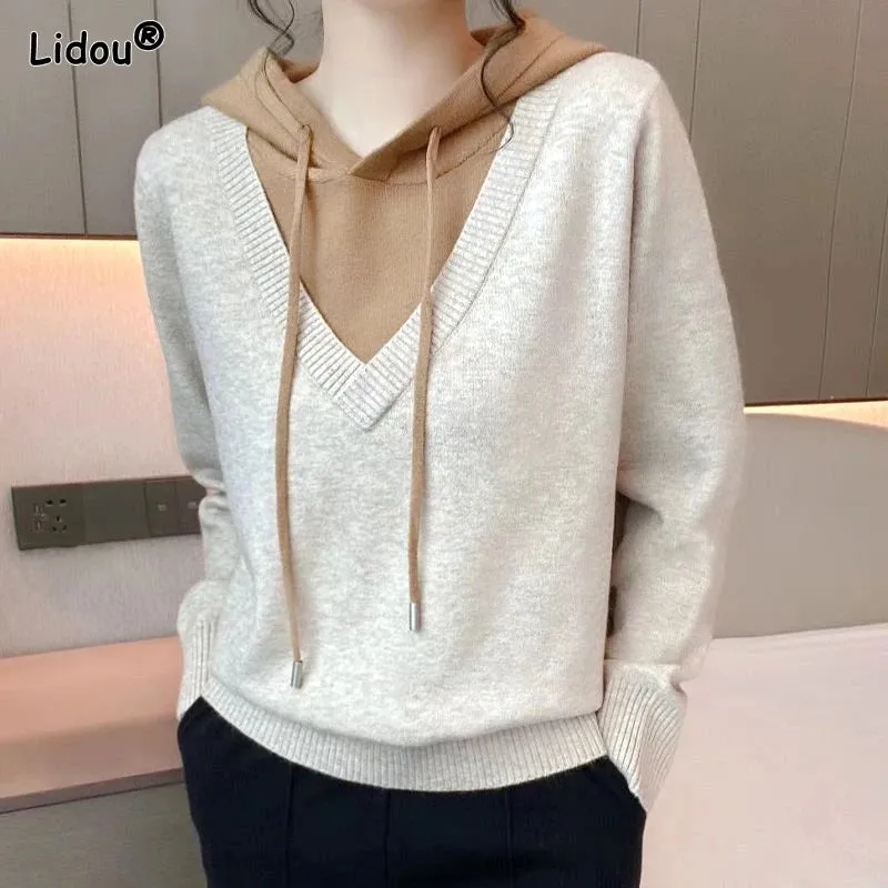 2023 New Autumn and Winter Fashion Minimalist Casual Loose Fitting Pullover Versatile Long Sleeved Fake Two-piece Hooded Sweater