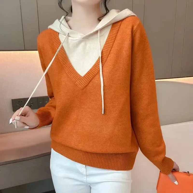 2023 New Autumn and Winter Fashion Minimalist Casual Loose Fitting Pullover Versatile Long Sleeved Fake Two-piece Hooded Sweater