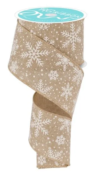 2.5" Snowflakes on Linen Ribbon: Buff - 10yds