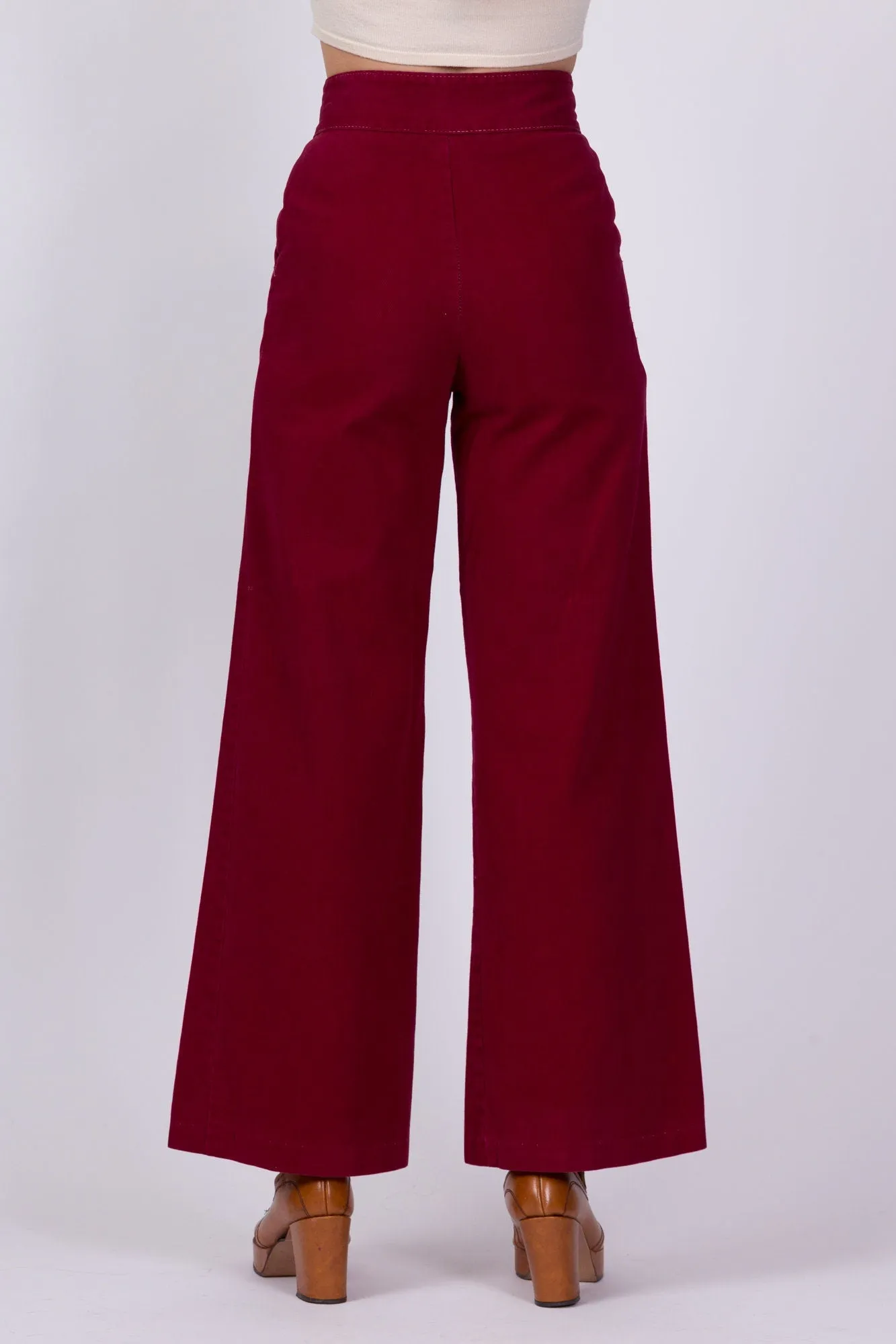 70s Wine Red High Waist Flared Cotton Twill Pants - Extra Small, 23"