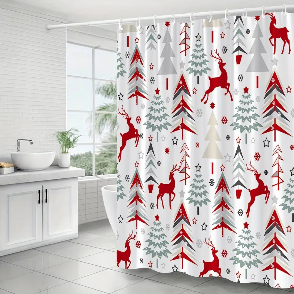 Abstract Christmas Tree Reindeer Winter Snowflakes Shower Curtain: Festive Bathroom Decoration for the New Year