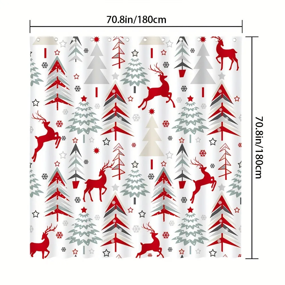 Abstract Christmas Tree Reindeer Winter Snowflakes Shower Curtain: Festive Bathroom Decoration for the New Year