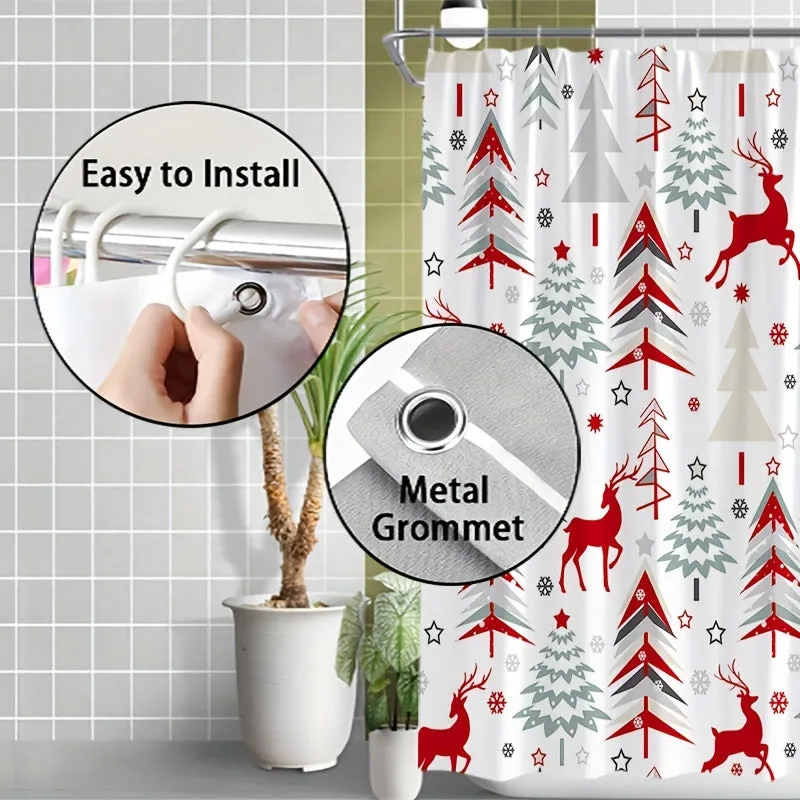 Abstract Christmas Tree Reindeer Winter Snowflakes Shower Curtain: Festive Bathroom Decoration for the New Year