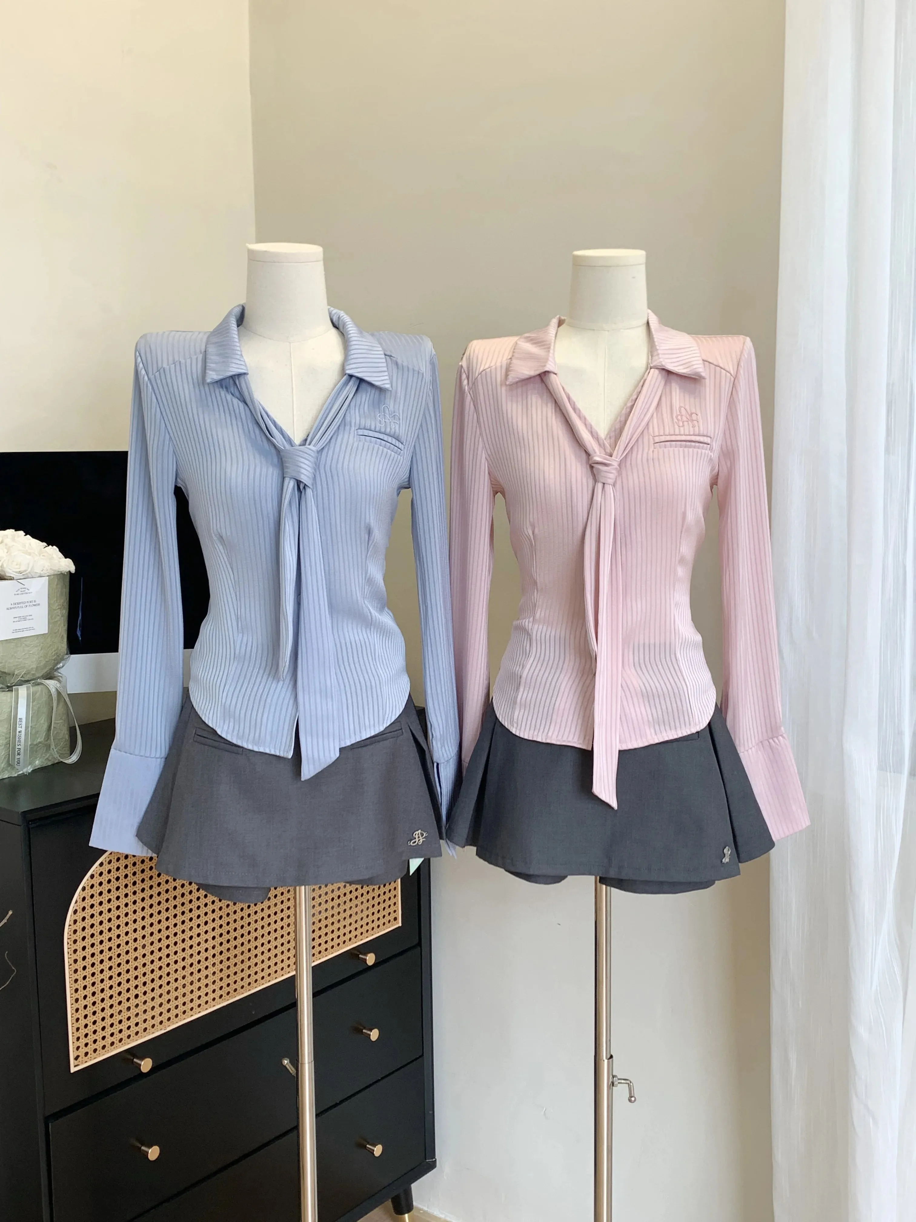 Advbridge New Design Pure Desire Satin Silk Smooth Waist Shirt Long Sleeve Women's Tie Top Versatile Blue Pink Fashion