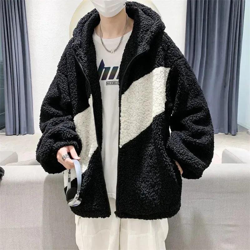 Aidase Autumn Winter Lamb Wool Jacket Trendy Brand Hip Hop Thickened Hooded Padded Jacket Hong Kong Style Loose Fit Korean Version