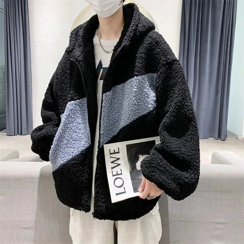 Aidase Autumn Winter Lamb Wool Jacket Trendy Brand Hip Hop Thickened Hooded Padded Jacket Hong Kong Style Loose Fit Korean Version