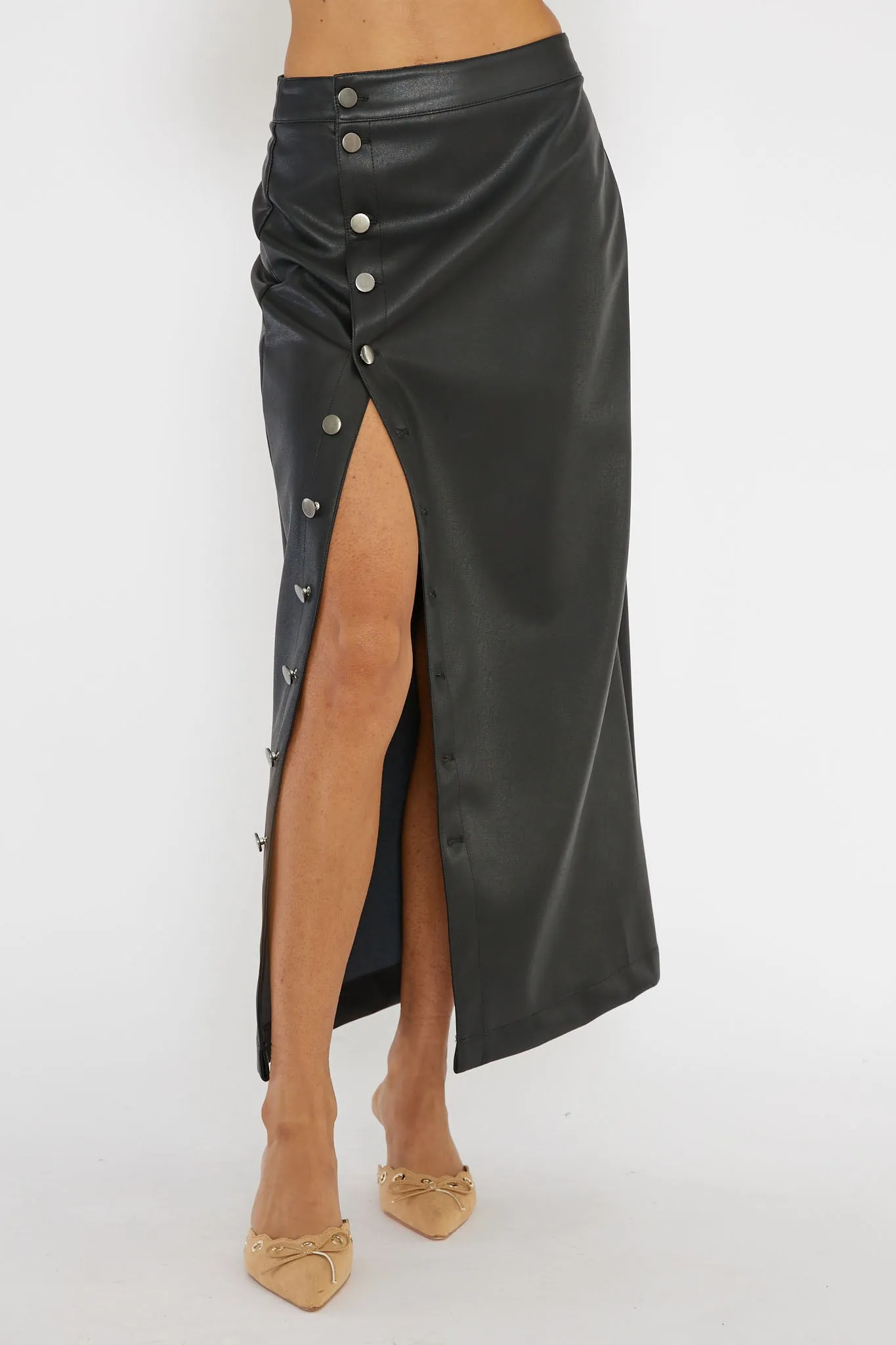 Angelica Button-Up Faux Leather Midi Skirt Black