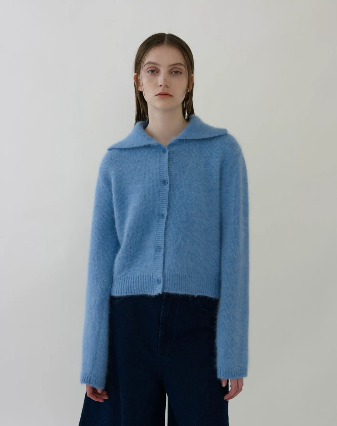 Angora Collar Cardigan In Blue