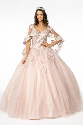 Applique Glitter V-Neck Ball Gown with Cape by Elizabeth K GL2800