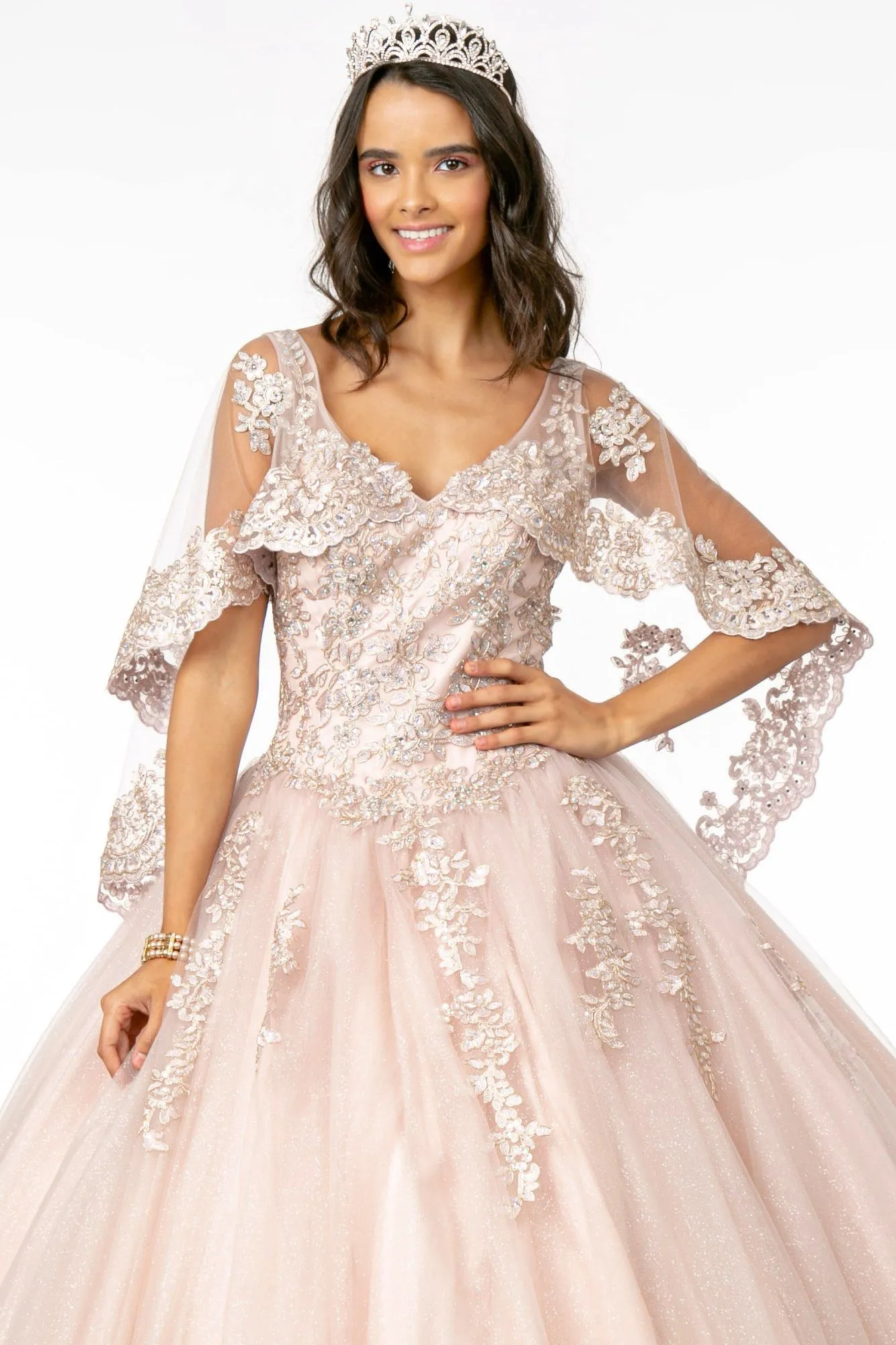 Applique Glitter V-Neck Ball Gown with Cape by Elizabeth K GL2800