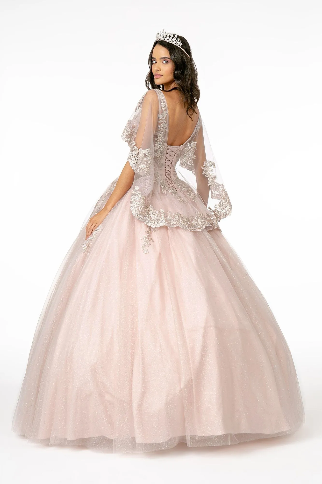 Applique Glitter V-Neck Ball Gown with Cape by Elizabeth K GL2800