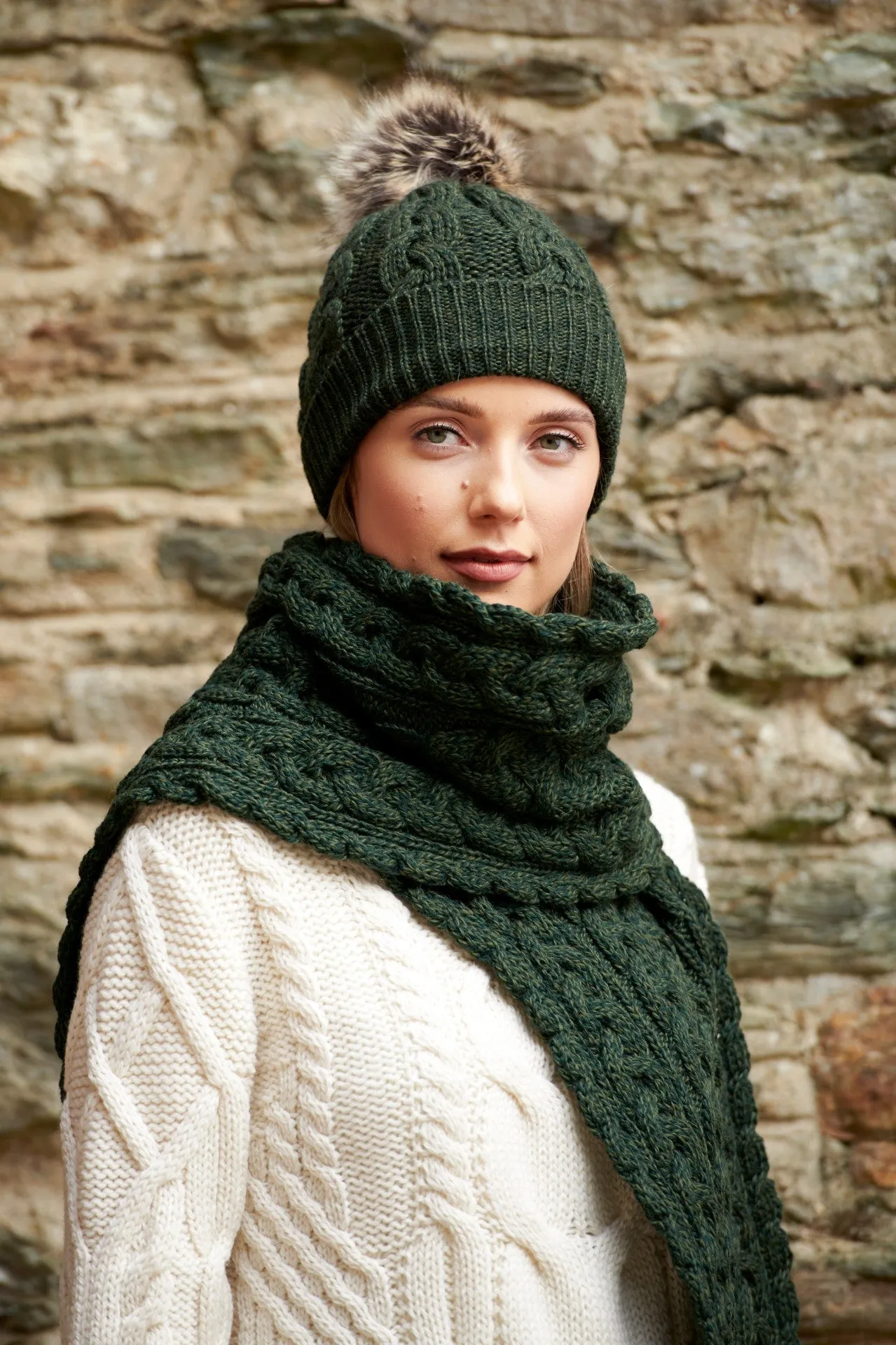 Aran Cable Hat & Scarf Set-Green