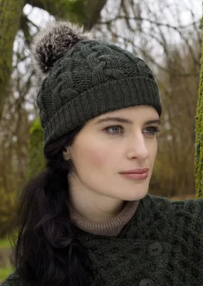 Aran Cable Knit Pom Pom Hat | Green