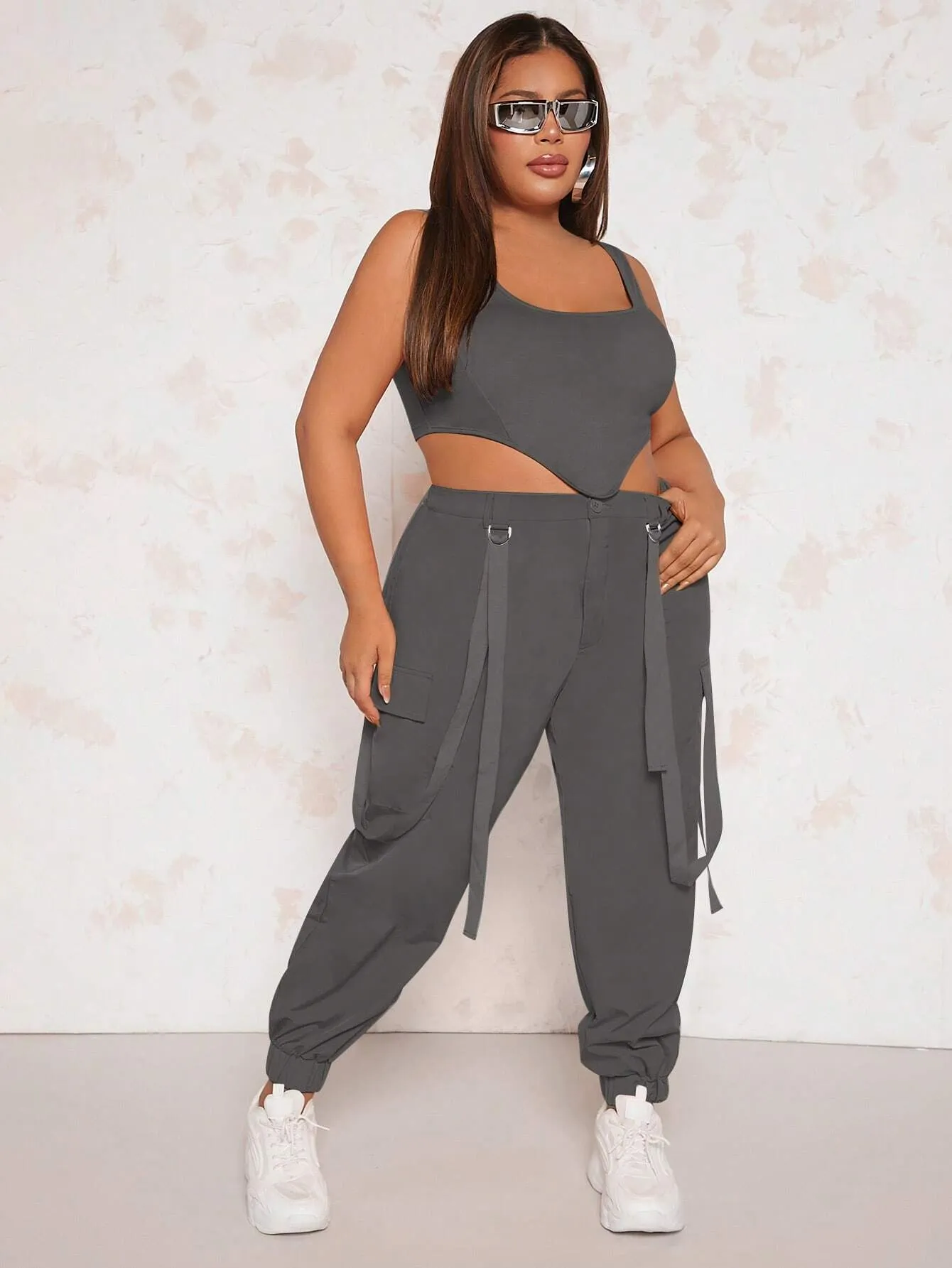 Asymmetrical Hem Tank Top And Flap Pocket Cargo Pants