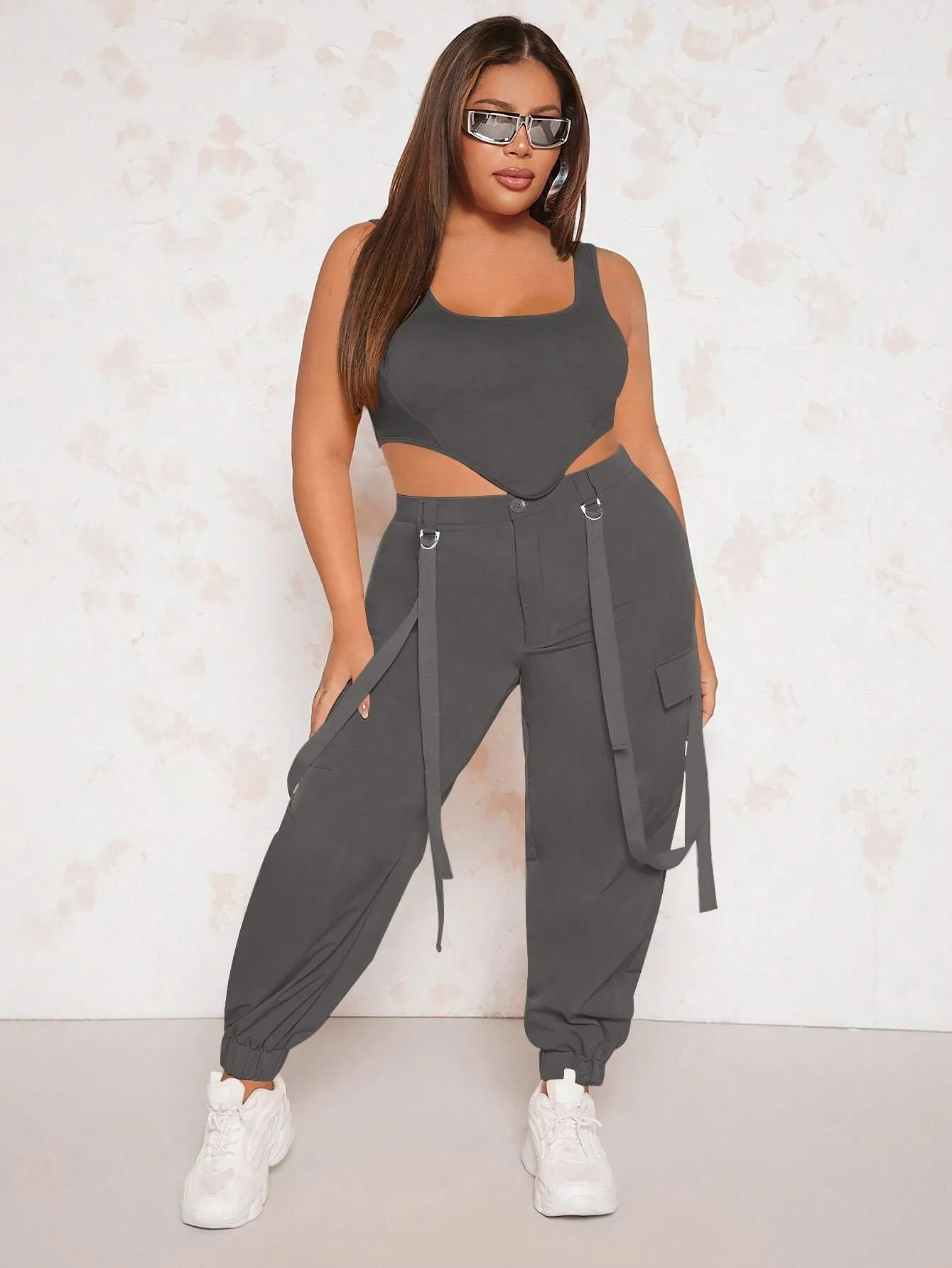 Asymmetrical Hem Tank Top And Flap Pocket Cargo Pants