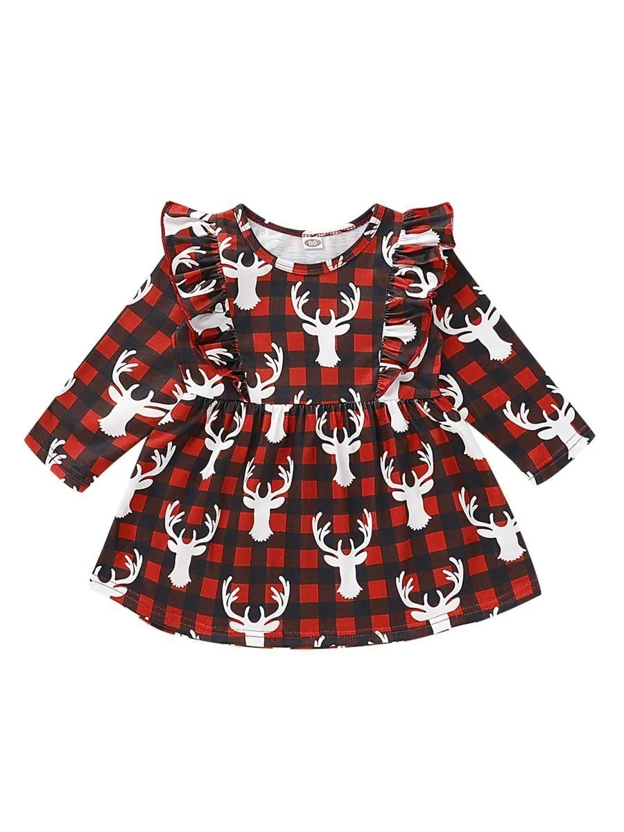 Baby Toddler Girl Christmas Reindeer Ruffled Sleeve Dress