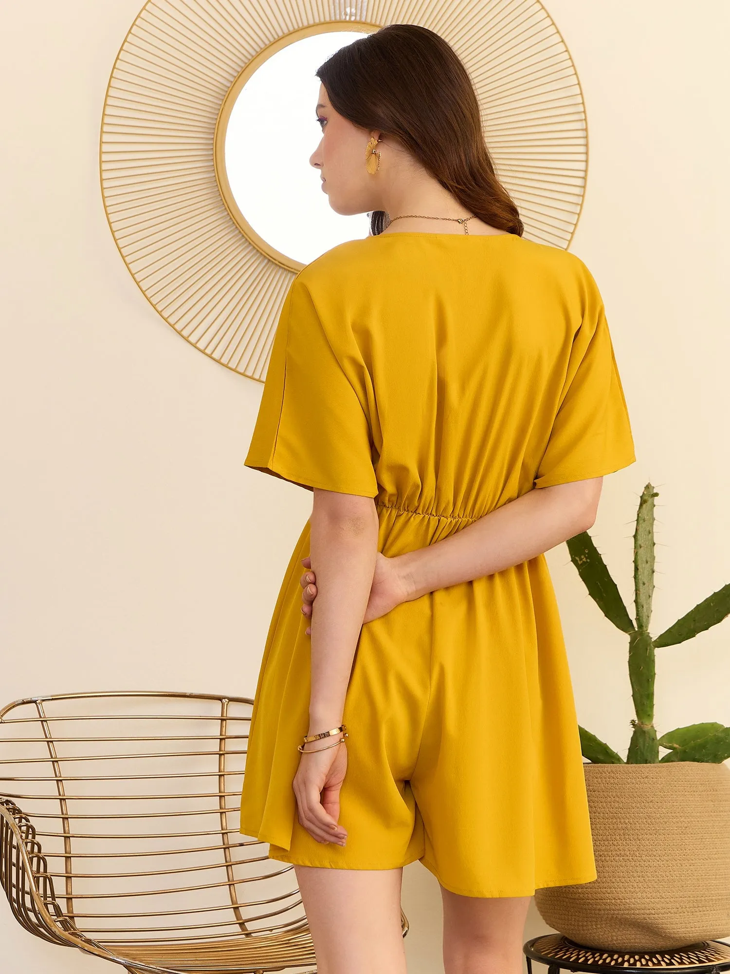 Berrylush Women Solid Yellow V-Neck Cape Sleeves Cinched Waist Wrap Mini Jumpsuit