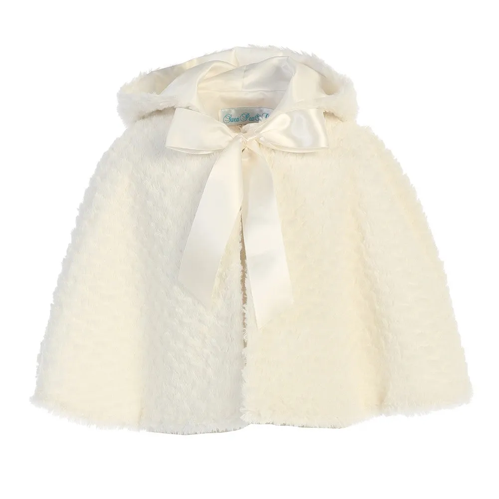 Big Girls Ivory Ribbon Accent Hooded Swirl Texture Faux Fur Cape 8-10