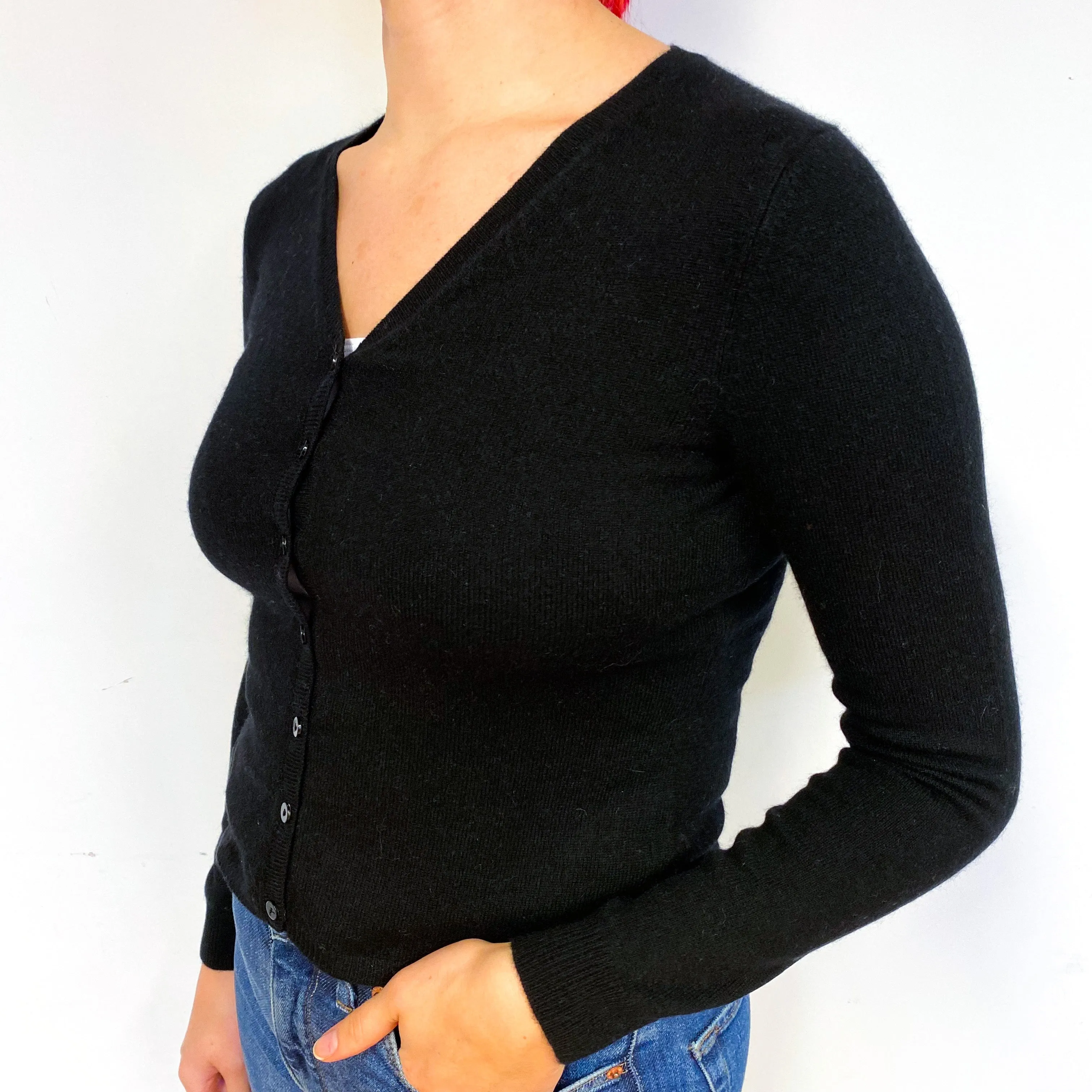 Black Cashmere Cropped V-Neck Cardigan Small