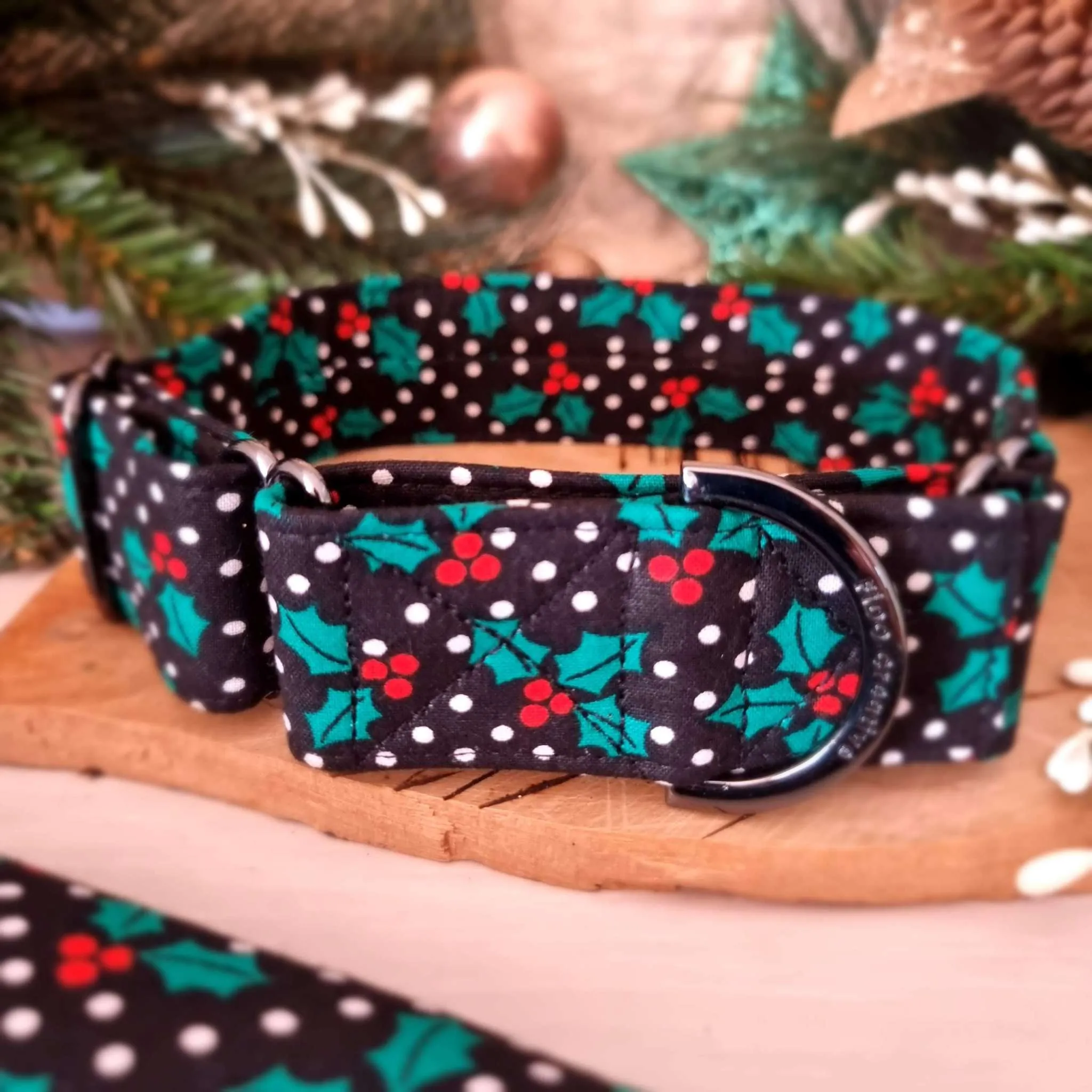 Black Christmas Holly Martingale Collar