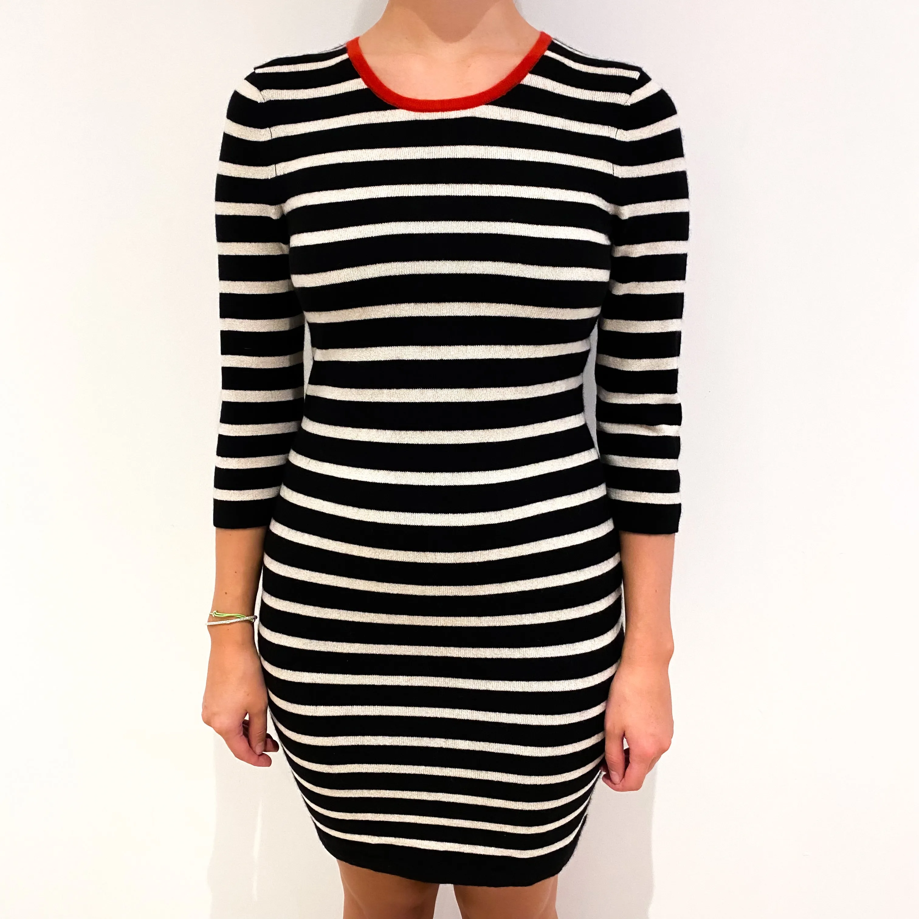 Black Cream Striped Cashmere Crew Neck Dress Small