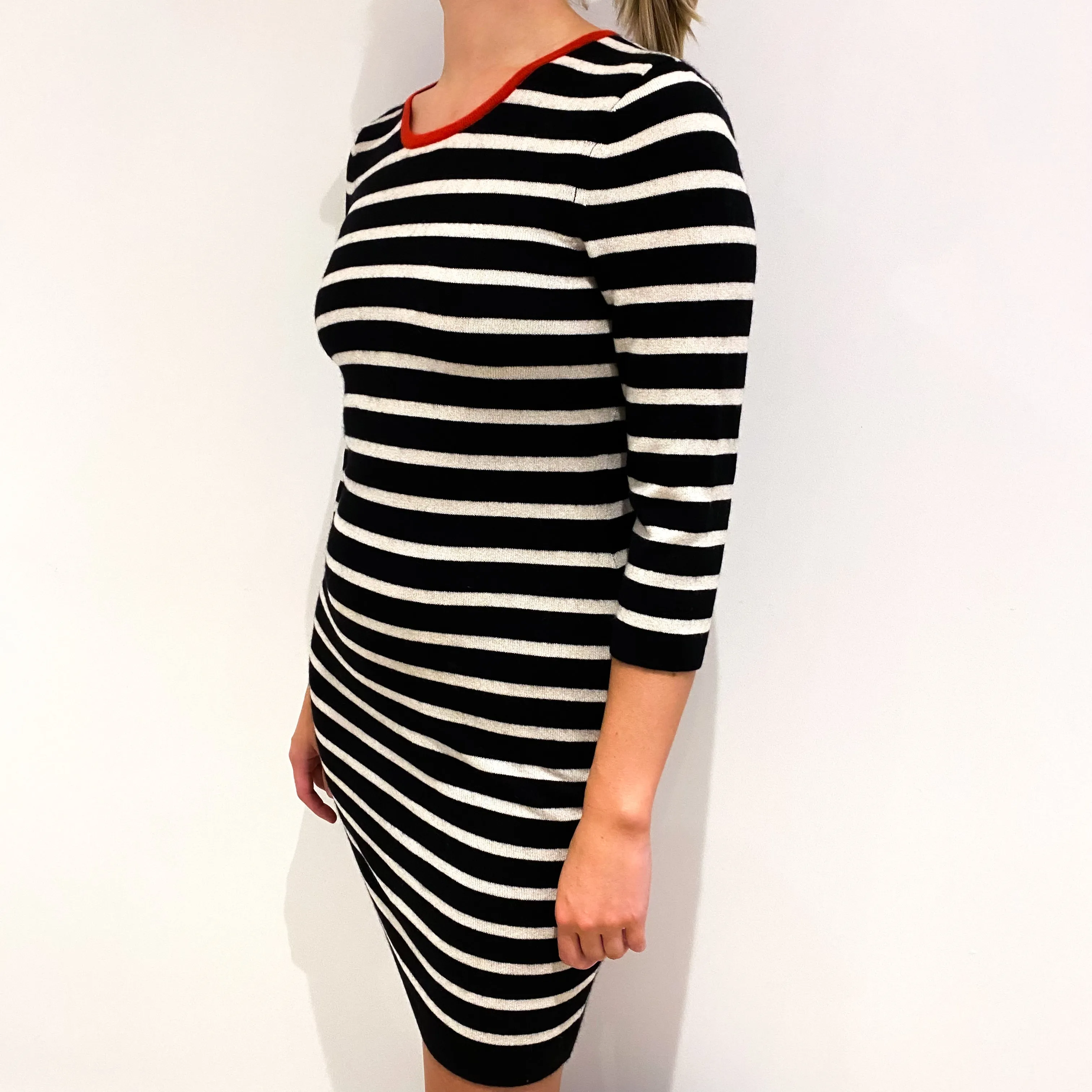 Black Cream Striped Cashmere Crew Neck Dress Small