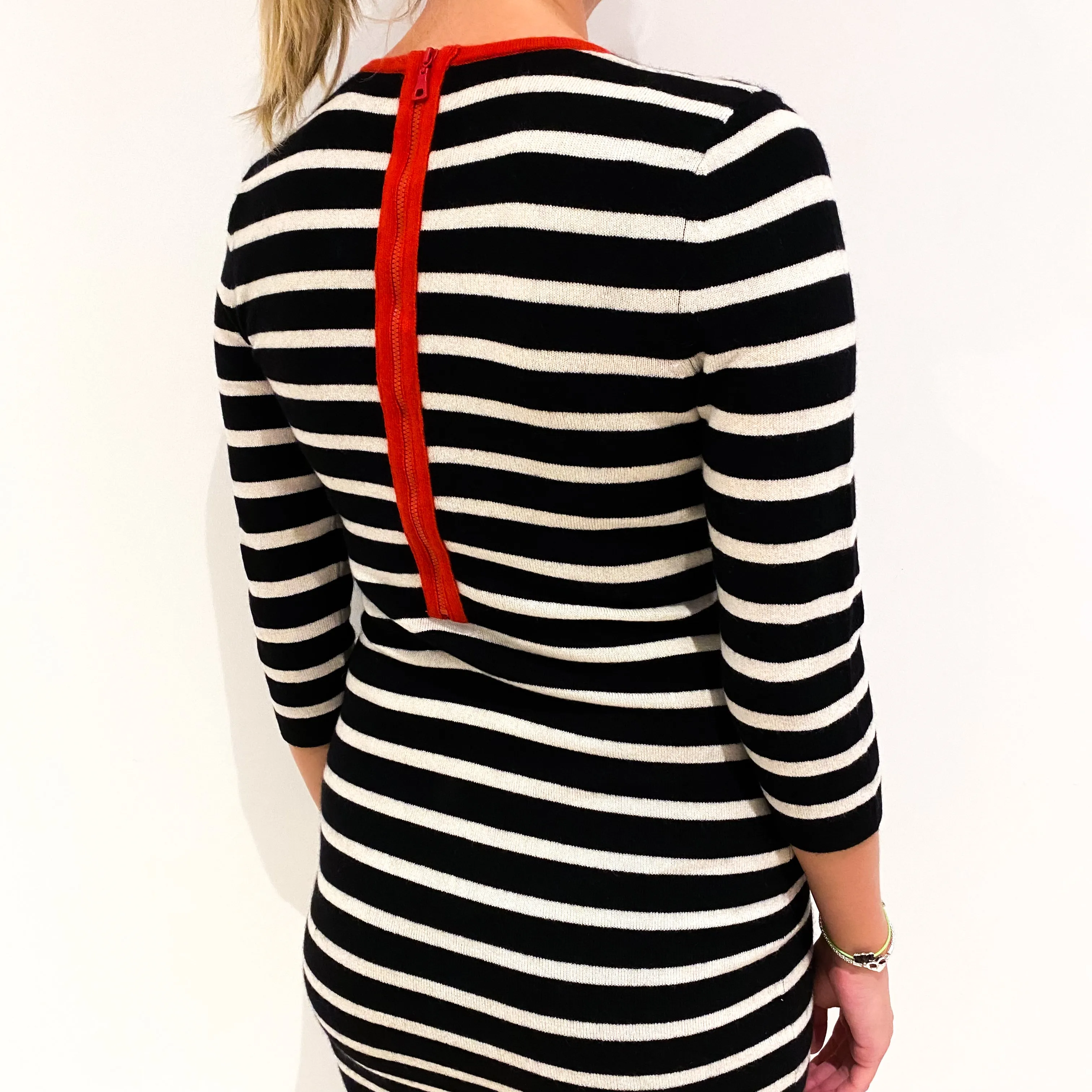 Black Cream Striped Cashmere Crew Neck Dress Small