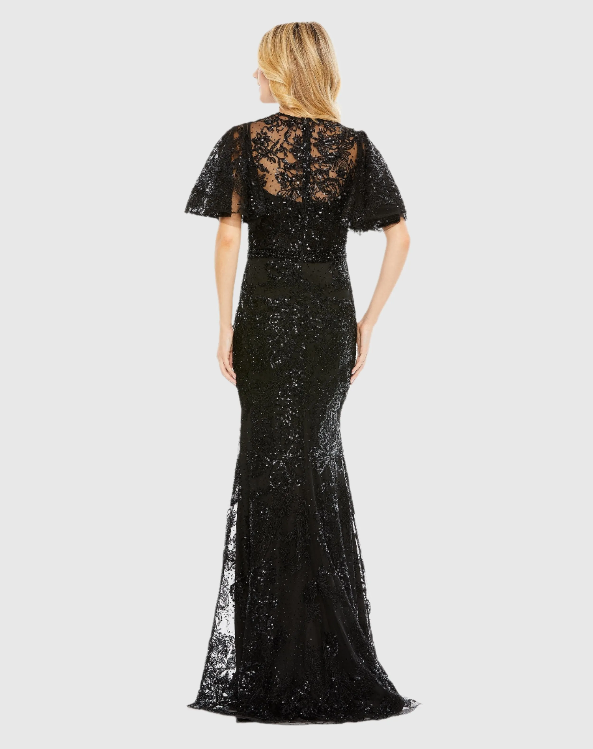 Black Embellished Flutter Sleeve High Neck Gown