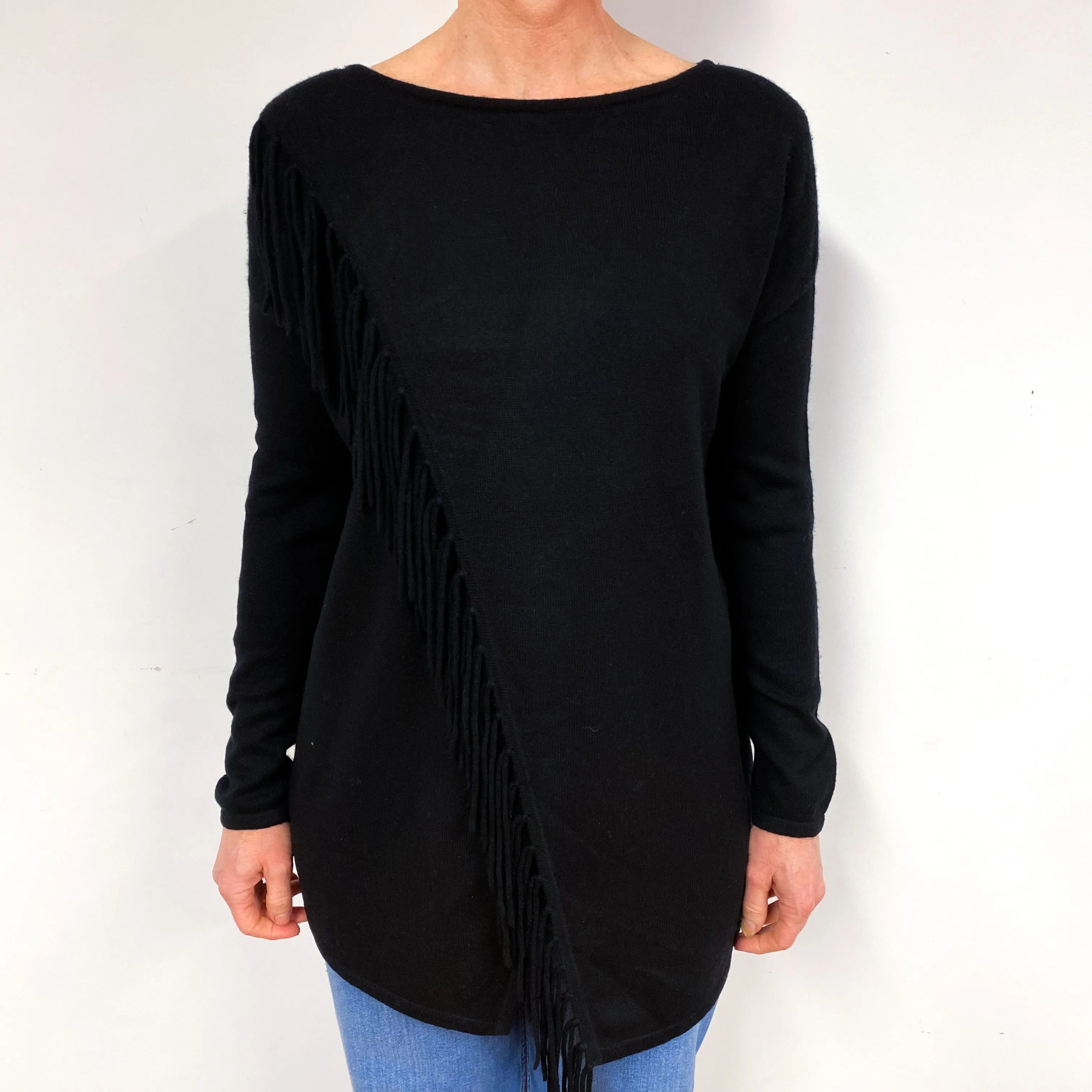 Black Fringed Open Front Cashmere Crew Neck Tunic Medium