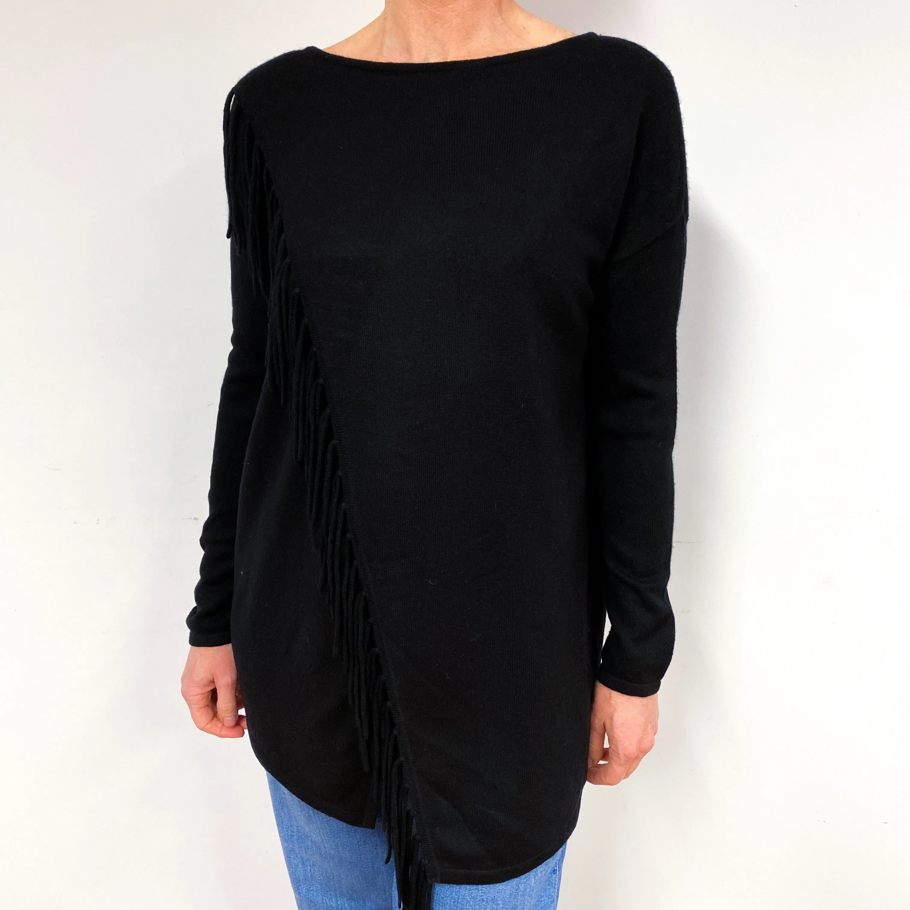 Black Fringed Open Front Cashmere Crew Neck Tunic Medium