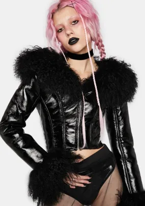 Black Fur Collar Double Sided Patent Leather Cropped Jacket