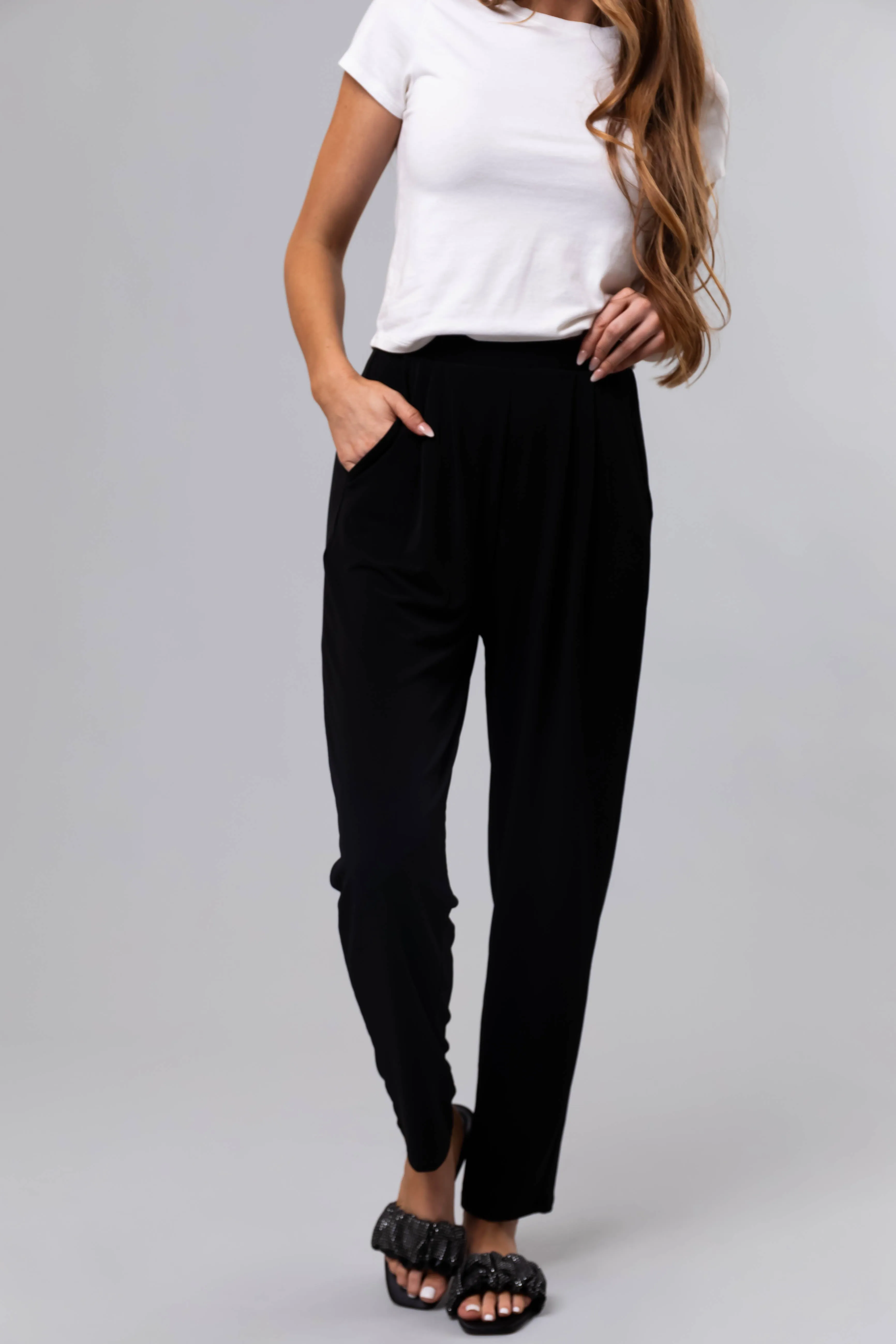 Black High Waist Pleated Straight Leg Pants