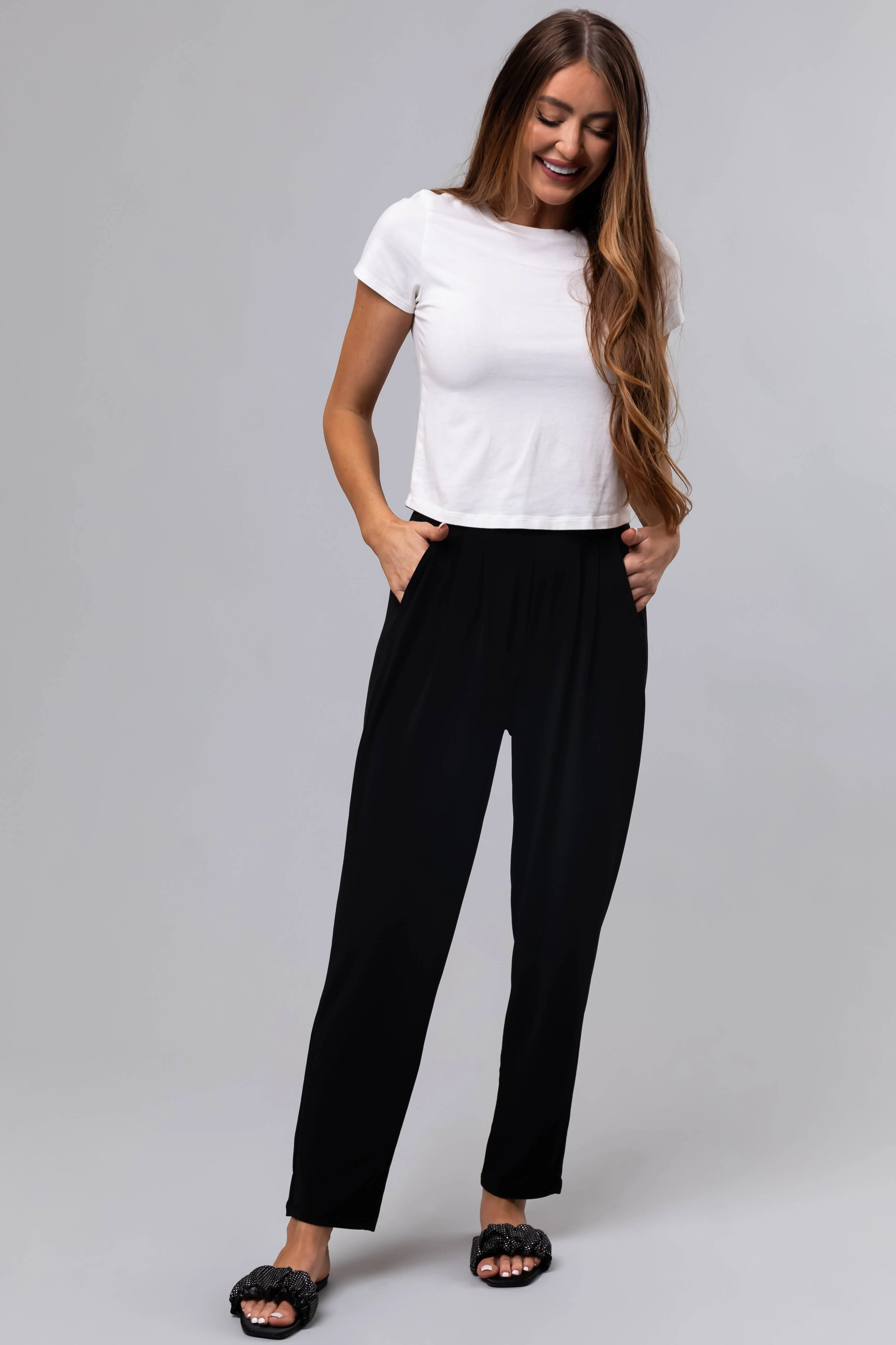 Black High Waist Pleated Straight Leg Pants