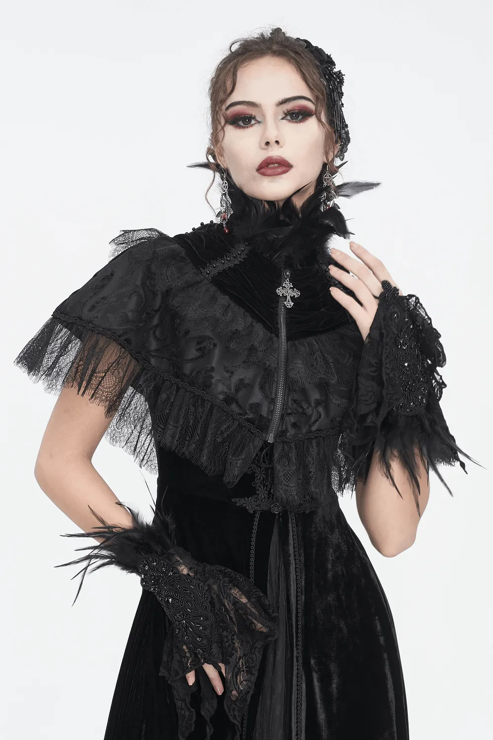 Black Velvet Gothic Cape with Lace and Feathers