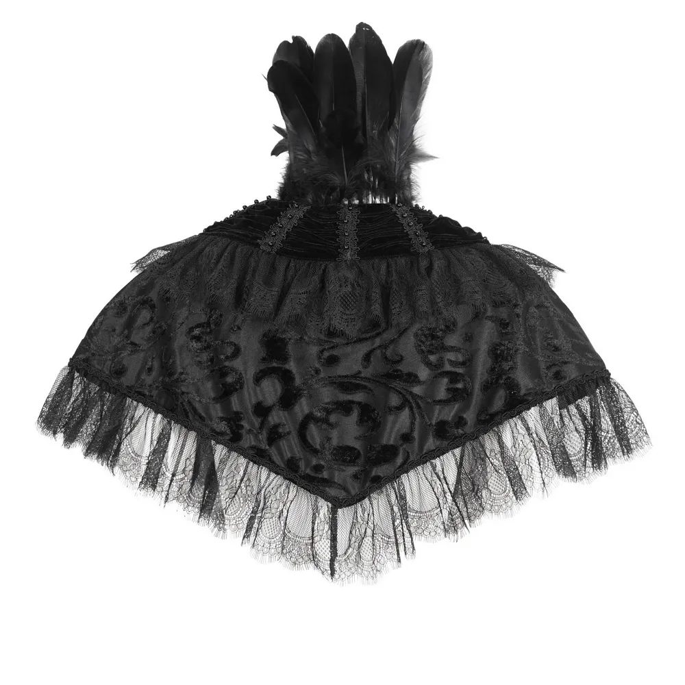 Black Velvet Gothic Cape with Lace and Feathers