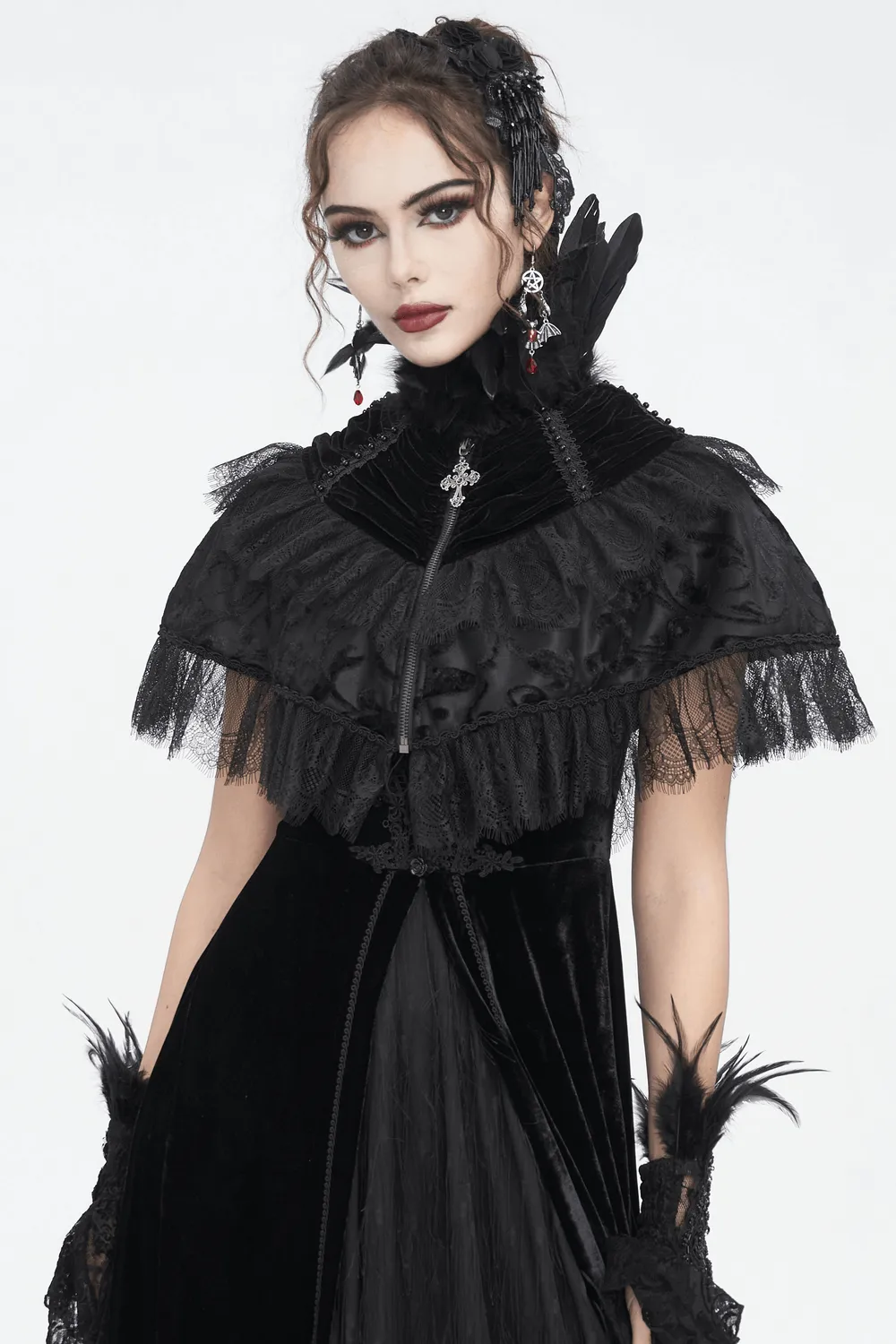 Black Velvet Gothic Cape with Lace and Feathers