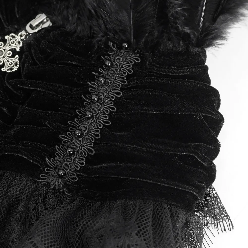 Black Velvet Gothic Cape with Lace and Feathers