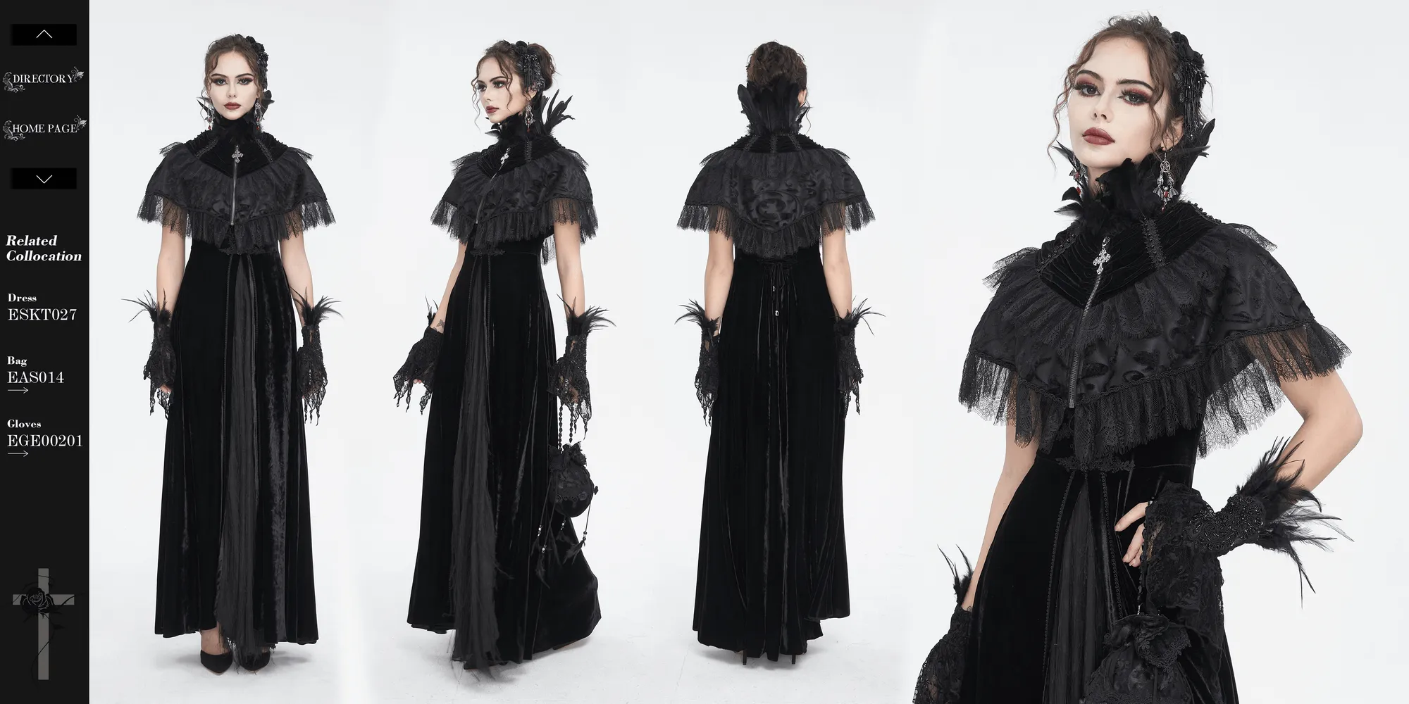 Black Velvet Gothic Cape with Lace and Feathers