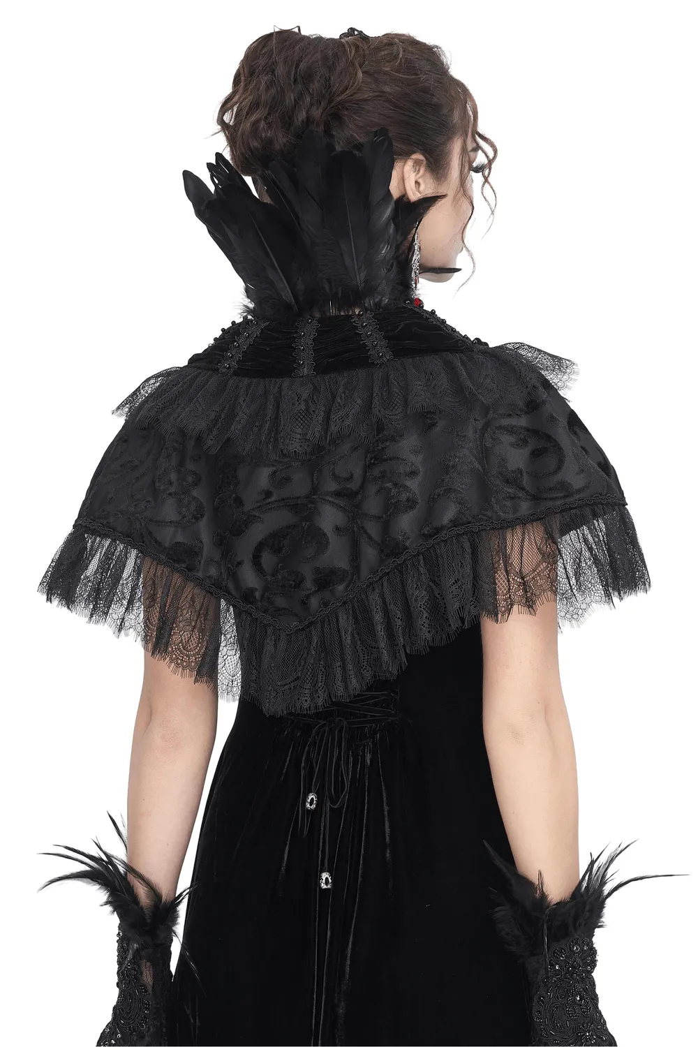 Black Velvet Gothic Cape with Lace and Feathers