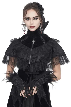 Black Velvet Gothic Cape with Lace and Feathers