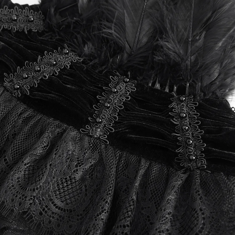 Black Velvet Gothic Cape with Lace and Feathers