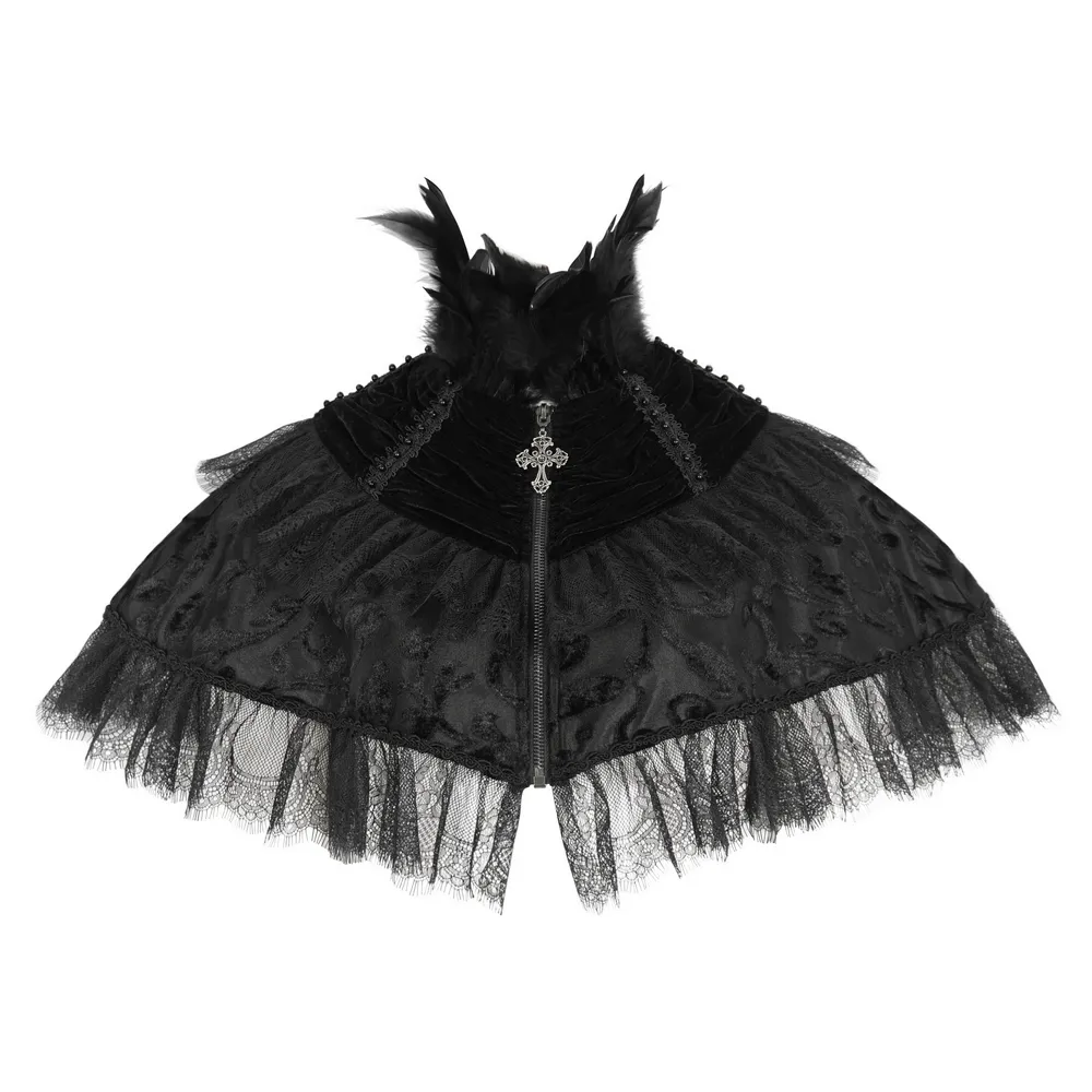 Black Velvet Gothic Cape with Lace and Feathers