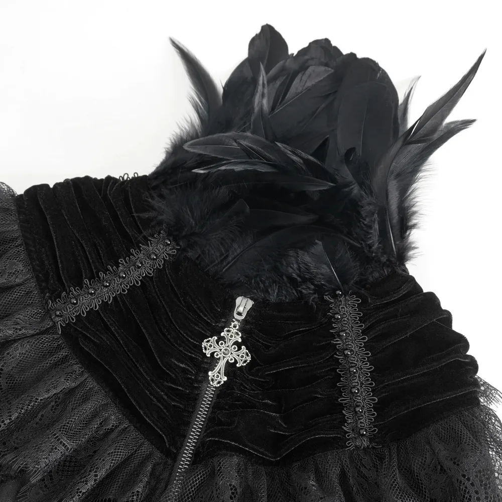 Black Velvet Gothic Cape with Lace and Feathers